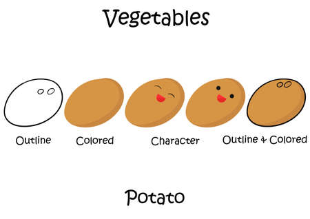 a collection of potato vegetable illustrations with outline design type, color without outline, character, and color with outlineのイラスト素材