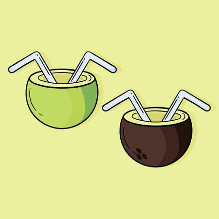 hand drawn illustration of fresh young coconut fruit with beach holiday themeのイラスト素材