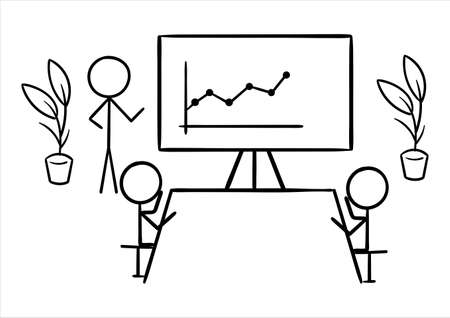 illustration of a stick man who is in a meeting discussing the development of a company's business, with a simple and conceptual designのイラスト素材