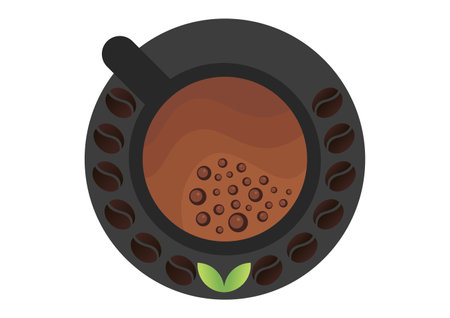 coffee illustration with a natural theme, with coffee beans and leaves in the centerのイラスト素材