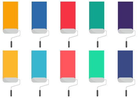 a collection of illustrations of colorful paint brushes and paints, on a white backgroundのイラスト素材