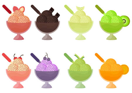 illustration of ice cream with various flavors, colors and toppingsのイラスト素材