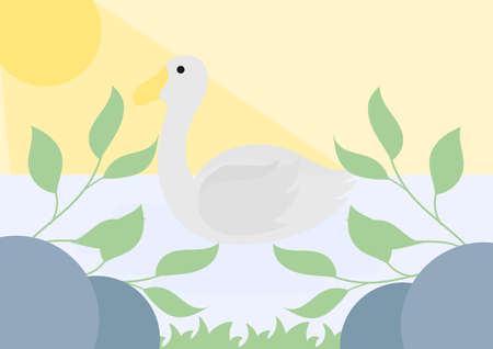 illustration of a duck swimming in a lake in bright sunlightのイラスト素材