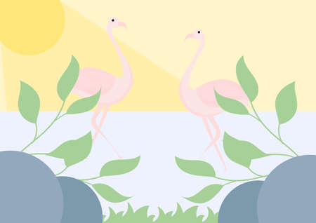 illustration of a flamingo at a lake in bright sunlightのイラスト素材