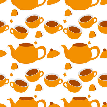 seamless pattern of teapot, teacup and teabag on white backgroundのイラスト素材