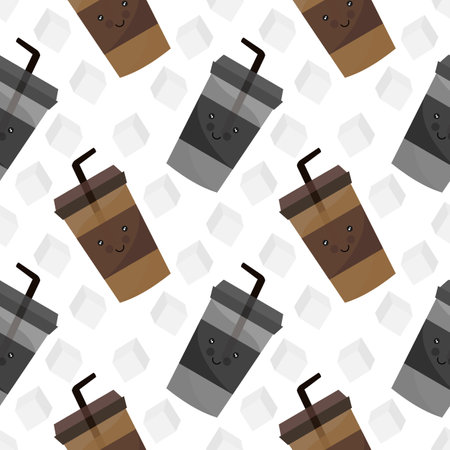 seamless pattern of black iced coffee and cappuccino iced coffee with a cheerful face, on a white backgroundのイラスト素材