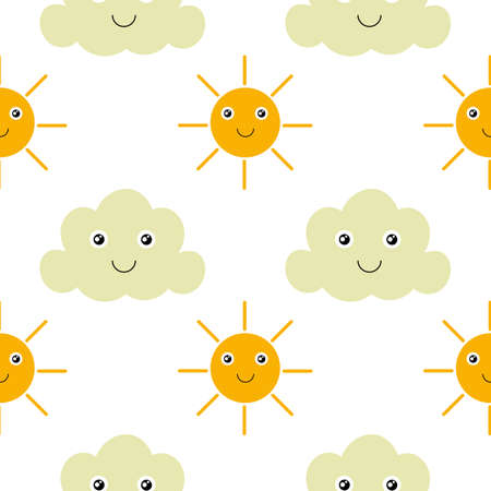seamless pattern of clouds and sun with cheerful face on white backgroundのイラスト素材