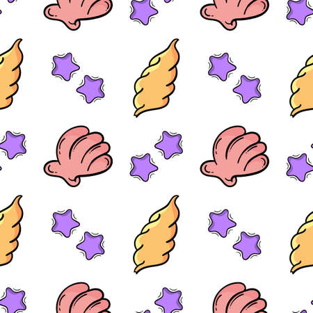 seashells and starfish seamless pattern on a beach theme, colored version on a white backgroundのイラスト素材