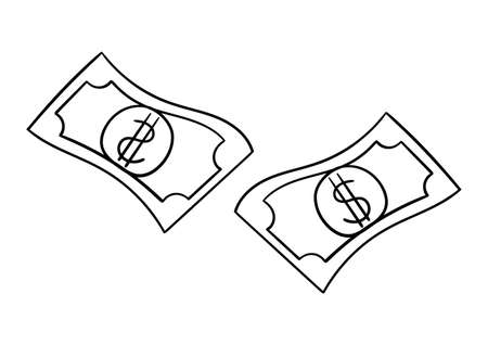 hand drawn illustration of a banknote with a dollar sign in the center, on a white backgroundのイラスト素材