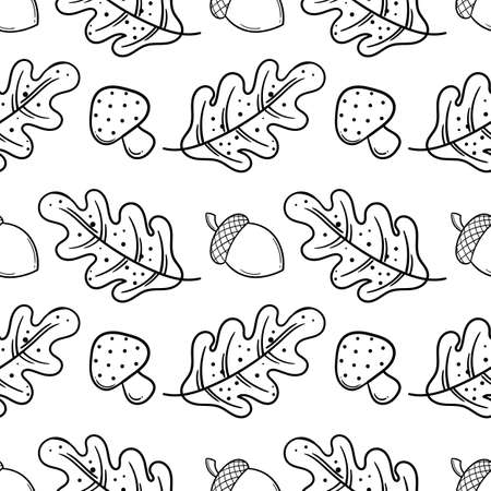 hand drawn seamless pattern of leaves, mushrooms and acorns on autumn theme, on white backgroundのイラスト素材