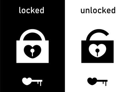 mobile phone or laptop wallpaper with a heart shaped padlock and a heart shaped key with a locked and unlocked concept, with a black and white themeのイラスト素材