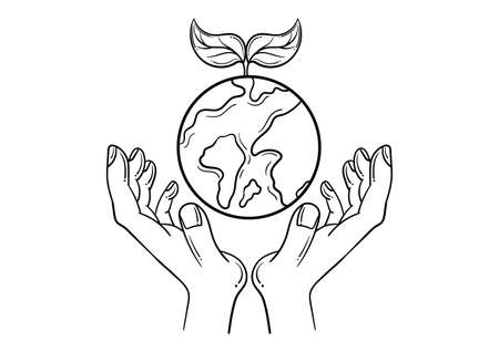 hand drawn illustration of a hand with a leaf and earth, with an environmental theme on a white backgroundのイラスト素材