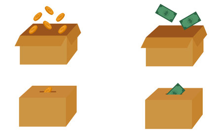 a collection of illustrations of charity boxes with banknotes and coins on a white backgroundのイラスト素材