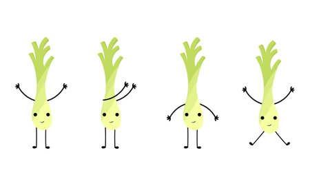 a collection of leek illustrations with cheerful faces on a white backgroundのイラスト素材