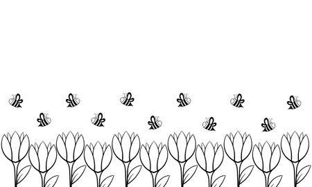 hand drawn background of flowers and bees on a white backgroundのイラスト素材