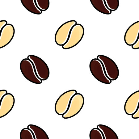 seamless pattern of brown and white coffee beans outline on white background