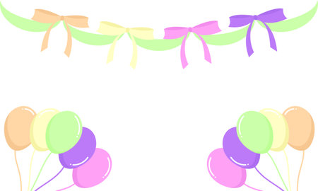 colorful balloon and ribbon background with child's birthday theme in beautiful and bright purple colorのイラスト素材
