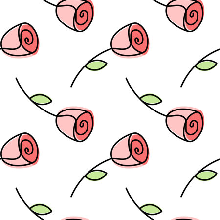 hand drawn illustration of rose flower seamless pattern on white backgroundのイラスト素材