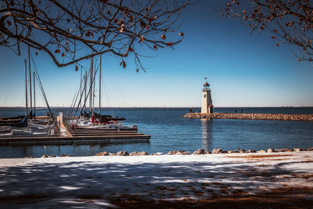 Lighthouse on the coast of the Baltic Sea in the winter.の写真素材