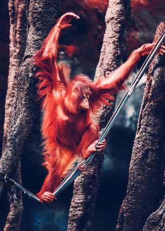 Orangutan hanging on a tree branch in the jungle of Borneo.の写真素材