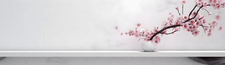 Home interior with decor elements. Cherry blossoms in a vase on a light background. Display product background for commercialの素材