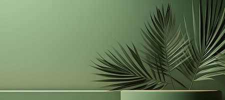 Tropical palm leaves podium banner on green background with palm leaf shadow. Suitable for display productの素材