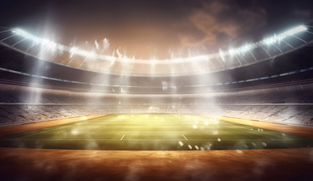 Soccer football field stadium arena field night light grass. Lights at night and football stadiumの素材