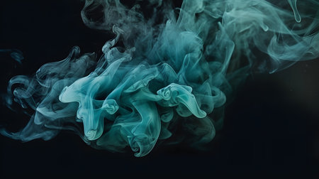 Cloud of smoke on black background. A blue smoke swirls in the air against a black background.の素材