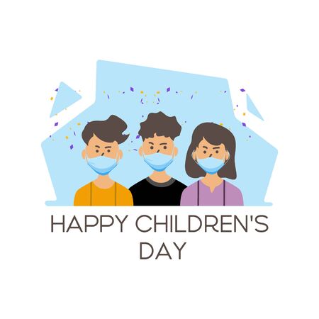 Happy children's day with group mask people illustration vector design isolated on white backgroundのイラスト素材