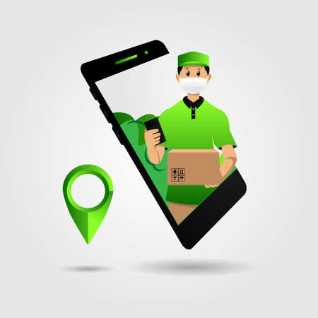 Realistic phone with delivery man on screen design vectorのイラスト素材