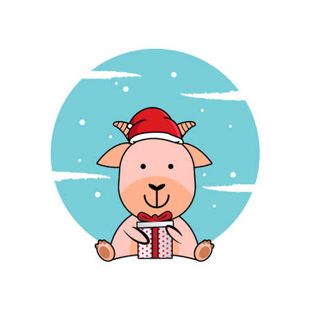 Illustration goat wearing christmas hat and hugging giftsのイラスト素材