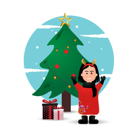 Illustration cute girl celebrate holiday christmasのイラスト素材