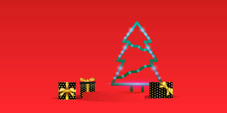 Podium stage with gift box and neon christmas design on red backgroundのイラスト素材