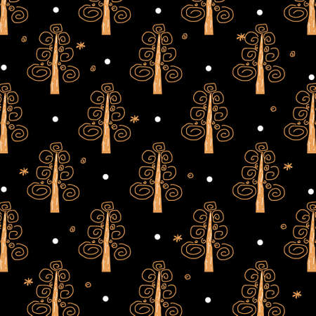 Pattern hand drawn christmas tree art design on black 03のイラスト素材