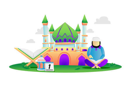 Illustration muslim man reading quran in the courtyard of the mosqueのイラスト素材