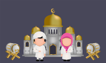 Illustration muslim kid and mosque background design vectorのイラスト素材