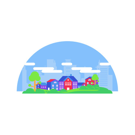 Colorful village skyline with modern building architecture illustrationのイラスト素材