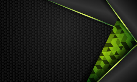 Abstract 3d overlap shapes modern dark texture with glowing green element design backgroundのイラスト素材