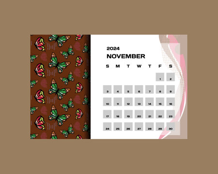 2024 calendar monthly november with butterfly designのイラスト素材