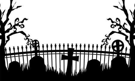 Silhouette horror cemetery with fence element decoration background isolatedのイラスト素材