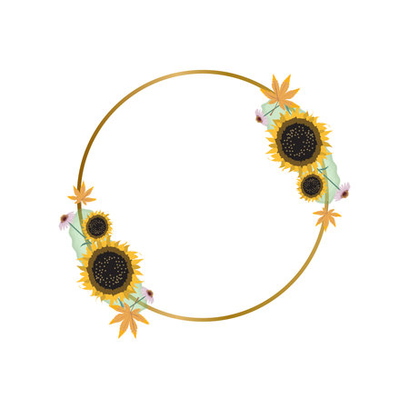 Golden round frame with watecolor floral decorativeのイラスト素材