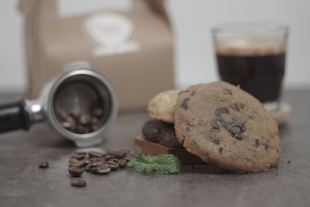 Stacking cookies with espresso coffee and garnish coffee beansの写真素材