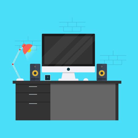 Vector graphic of computer desk, with modern blue, grey, black, and red color schemeのイラスト素材