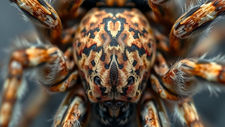Close-up of the head of a jumping spider on a dark backgroundの素材