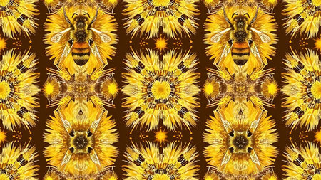Seamless pattern with bees and sunflowers. Vector illustration.の素材