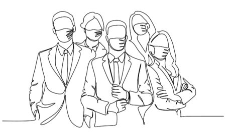 Group of business people wearing protective medical masks for protection from virus - Continuous single line drawing vector illustrationのイラスト素材