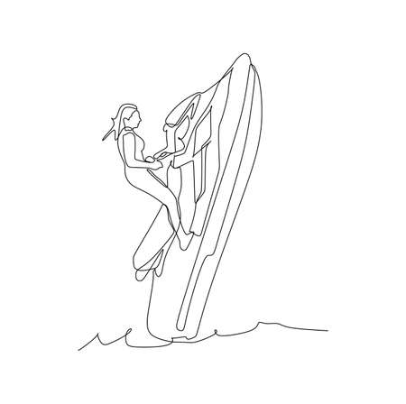 young woman jump over the wave on jet ski	- continuous one line drawingのイラスト素材