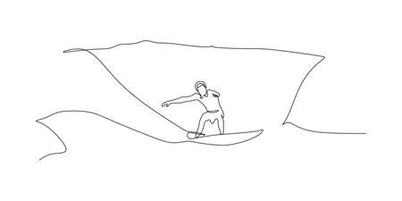 Surfing surfer riding ocean wave - continuous one line drawingのイラスト素材