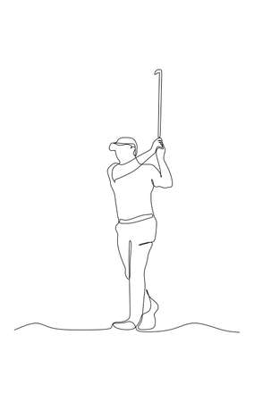 One single line drawing of young sporty golf player hit the ball using golf club vector graphic illustration. Healthy sport concept. Modern continuous line draw design for golf tournament posterのイラスト素材