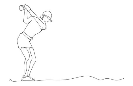 Single continuous line drawing of happy young female golf player swing the golf club to hit the ball. Hobby sport concept. Trendy one line draw design vector illustration for golf tournament promotion mediaのイラスト素材